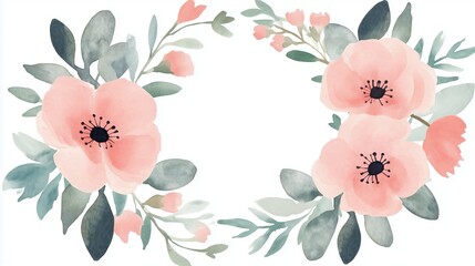 Pastel floral wreath featuring romantic watercolor flowers and soft greenery, forming a whimsical circle, perfect for a feminine and elegant greeting card design.