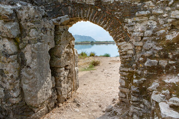 Ancient Roman city ruins in town of Butrint, Albania. This Archeological site is World Heritage Site by UNESCO. Traveling in Albania, Europe.