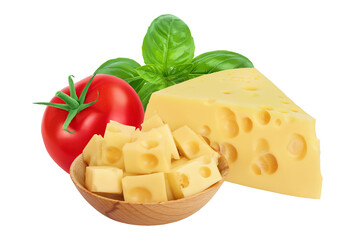 cubes of cheese in wooden bowl isolated on white background with full depth of field