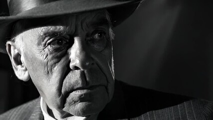 A close-up portrait of an elderly man in black and white, wearing a fedora and vintage suit. His weathered features convey wisdom and nostalgia, ideal for themes of memory and time. - Powered by Adobe