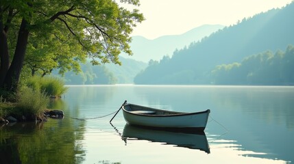 Fototapeta premium A tranquil rowboat floats on a calm lake, surrounded by lush trees and distant mountains, evoking peace and quiet reflection.