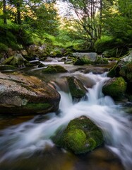Beautiful landscape with a waterfall flowing in green forest, long exposure. 