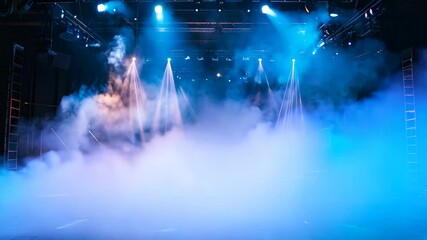 A vibrant stage scene lit by blue and orange lights creates an electrifying atmosphere. Fog fills the space, enhancing the dramatic interplay of light and smoke, perfect for event promotion.
