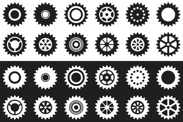 Gears icon set. Setting gears icon. Collection of mechanical cogwheels. Simple Gear wheel collection. Gear icons silhouette. Vector illustration with cogwheels sign set on white and black background.