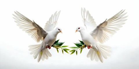 Two Floating Doves with Olive Branches Isolated on White Background Symbolizing Peace and Freedom for Human Rights Day - Wide Shot