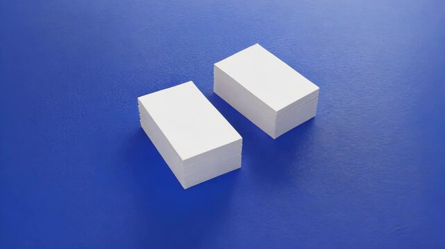 A sleek composition of two stacks of blank white business cards set against a vibrant blue background. Ideal for branding, advertising, and marketing materials.