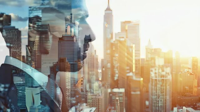A double exposure image of a confident professional in headphones, layered with a vibrant city skyline, symbolizes ambition, innovation, and the synergy of people and technology.