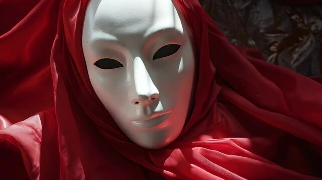 A close-up of a pale, featureless mask against flowing red fabric evokes mystery. smooth mask contrasts with the richly textured backdrop, ideal for themes of anonymity and performance art.