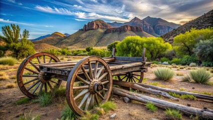 Fototapeta premium Rustic wagon bed and wheel remains from bygone era in Paradise Valley, pioneer relics