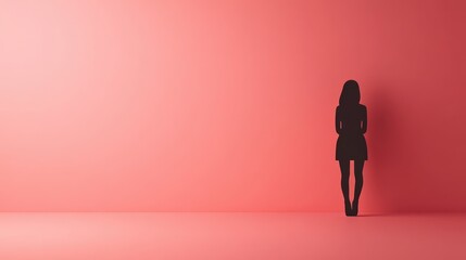 Obraz premium A modern womenas restroom icon in black, standing out on a smooth coral pink background, with soft shadows. Focus on the icon. No people.