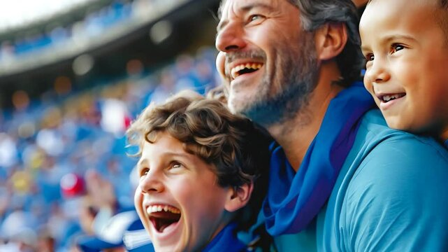A joyful family moment at a sports event, with a smiling father and his two excited sons in matching outfits, set against a vibrant crowd, celebrating togetherness and fun.