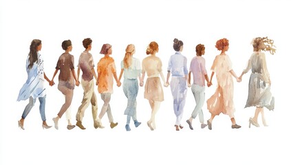 Fototapeta premium A watercolor illustration of multiple people holding hands, walking towards the camera on a white background The colors should be soft and muted, with shades of brown, beige, cream Generative AI