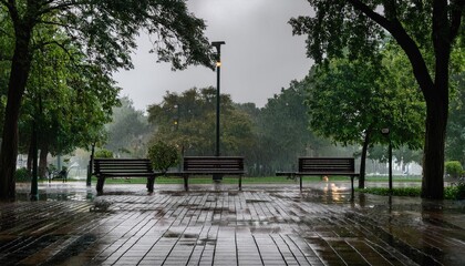 Empty benches in a park after rain