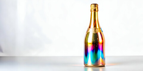Holographic Champagne Bottle Foil - Sleek Futuristic Design on White Background, Perfect for Photo Stock Concepts with Copy Space