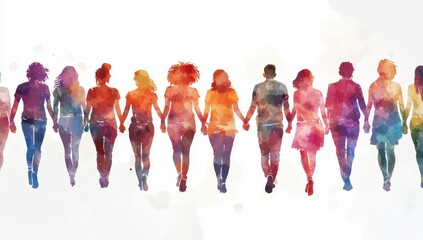 Naklejka premium A group of people holding hands, walking towards the camera, with diverse skin tones, in a watercolor style, against a white background Generative AI