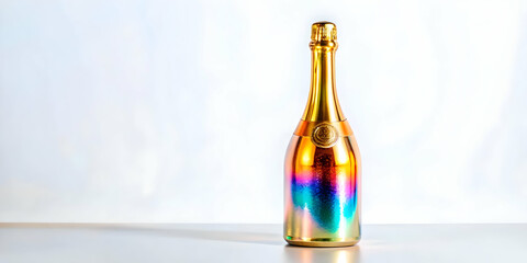 3D Holographic Champagne Bottle Foil Concept - Wide Shot with Sleek Design & Mesmerizing Details on White Background