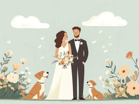 Dog stands beside a wedding couple, merging minimalism with the joy of a special day. Generative ai.