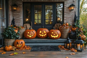 Obraz premium Halloween pumpkin decorations. Pumpkin for decorated house. Halloween Decorated at front yard of a American home. Halloween decorated front door with pumpkins.