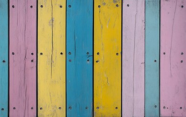 Fototapeta premium Colorful wooden planks painted in a cheerful rainbow pattern.