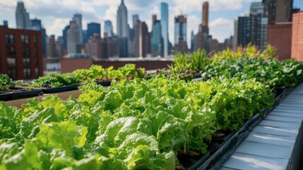 Fototapeta premium A vibrant green salad hydroponic setup on a rooftop garden, with a city skyline in the background.