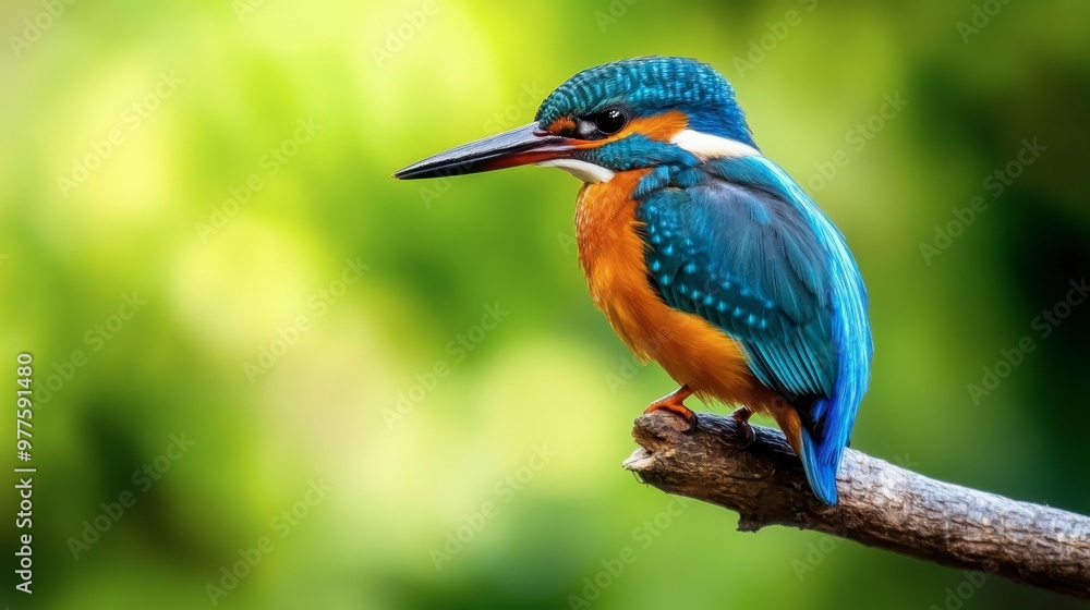 Wall mural A vibrant kingfisher perched on a branch, showcasing its bright blue and orange feathers against a blurred green background.