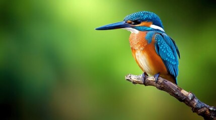 Fototapeta premium A vibrant kingfisher perched on a branch, showcasing its bright blue and orange feathers against a blurred green background.