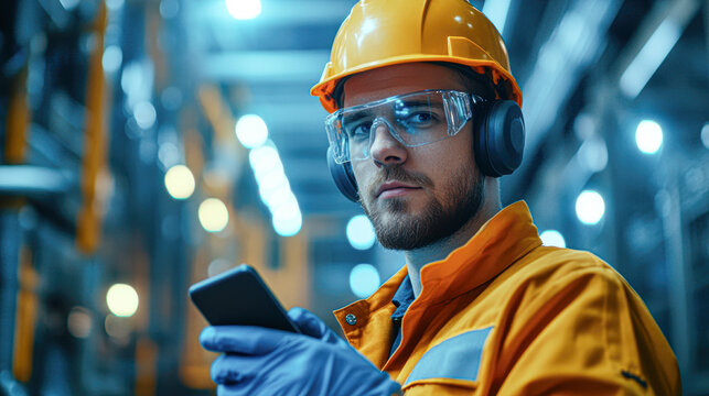 Focused Male Technician in Safety Gear Using Mobile Phone at Production Facility