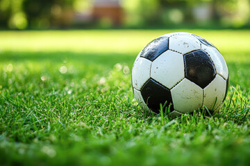 Fototapeta premium Vivid Soccer Ball on Lush Green Field Fusion of Sport and Relaxation