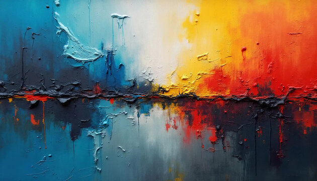 Pintura abstrata vibrante e din&acirc;mica. composi&ccedil;&atilde;o &eacute; rica em detalhes, com camadas de tinta que criam profundidade e movimento. Para temas de arte contempor&acirc;nea, express&atilde;o criativa e design moderno.