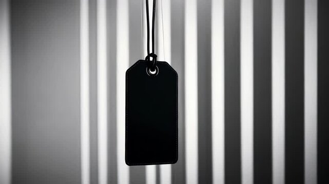 A minimalist black tag hangs against a striped backdrop, creating a stark contrast that evokes simplicity and intrigue