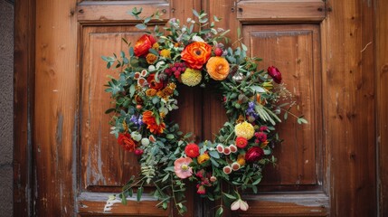 Fototapeta premium Floral wreath hanging on a wooden door