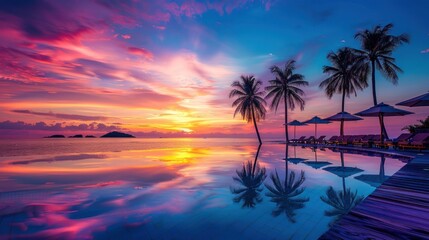 Sunset Paradise:  A Pool with Palm Trees and Colorful Sky