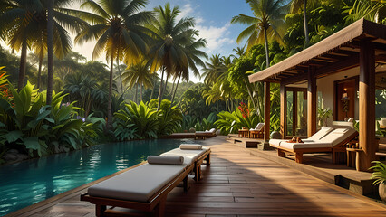 Fototapeta premium tropical beauty spa set in a lush jungle, with wooden walkways leading to private massage huts