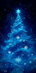 Magical Christmas tree illuminated with glowing blue lights amid falling snowflakes, perfect for holiday and festive themes
