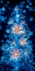 An ethereal Christmas tree crafted from intricate blue x-ray florals and snowflakes, blending nature with holiday magic.