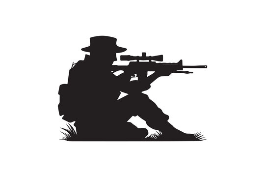 black soldier aiming rifle, sitting in grass clip art preview
