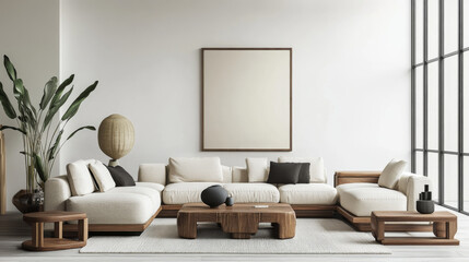 A realistic 3D image of a poster on a living room wall. The poster is the standard A paper size. It shows a modern living room with stylish furniture.