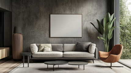 A realistic 3D image of a poster on a living room wall. The poster is the standard A paper size. It shows a modern living room with stylish furniture.