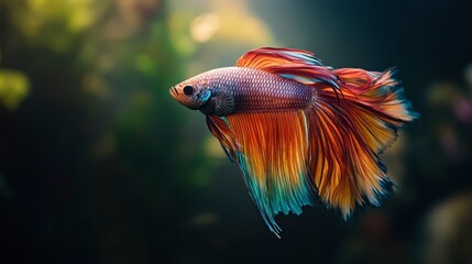 A vibrant Siamese fighting fish with flowing, colorful fins swimming in a clear aquarium against a dark background.