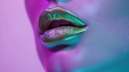 close-up of metallic lipstick on lips, vibrant purple and teal background, studio beauty photography with neon light effect and glossy pink lip gloss for a modern fashion magazine style shoot