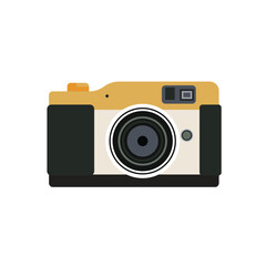 Vector illustration. Cute film retro photo camera. Modern digital device with lens in vintage style. Sticker with contour. Isolated on white background