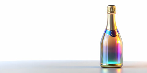 Fototapeta premium 3D Holographic Champagne Bottle Concept: Close-Up of a Sleek Futuristic Design with Glowing Label on White Background - Stunning Holographic Details for Premium Stock Image