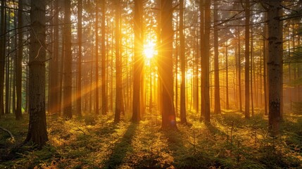 Fototapeta premium Forest at sunset with golden light illuminating the trees
