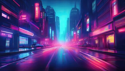 Neon city street at night