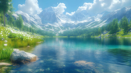 Mountain Lake 3D Illustration