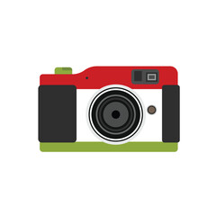 Vector illustration. Cute film retro photo camera. Modern digital device with lens in vintage style. Sticker with contour. Isolated on white background