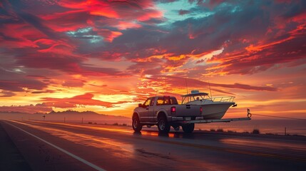 Fototapeta premium Pickup Truck Towing a Boat at Sunset