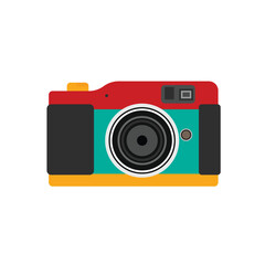 Vector illustration. Cute film retro photo camera. Modern digital device with lens in vintage style. Sticker with contour. Isolated on white background