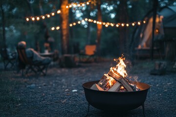 Fire Place. Bright Burning Flame at Forest Beach Camping with Friends Near Camp Bonfire Stove