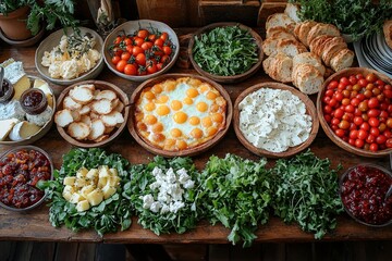 Fototapeta premium Brunch spread with a variet of dishes pastries. Village Breakfast with pastries, vegetables, greens, spreads, cheeses, fried eggs, jams. 